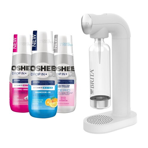 Saturator BRITA SodaOne Biały + Hydrokoncentrat OSHEE Witaminy i minerały 500 ml + Hydrokoncentrat OSHEE Zero elektrolity i witaminy 500 ml + Hydrokoncentrat OSHEE Magnez + B6 Cytryna i  Pomarańcza 500 ml
