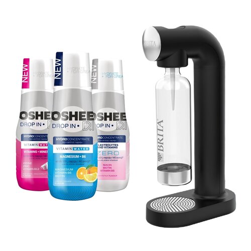 Saturator BRITA Sodaone Czarny + Hydrokoncentrat OSHEE Witaminy i minerały 500 ml + Hydrokoncentrat OSHEE Zero elektrolity i witaminy 500 ml + Hydrokoncentrat OSHEE Magnez + B6 Cytryna i  Pomarańcza 500 ml