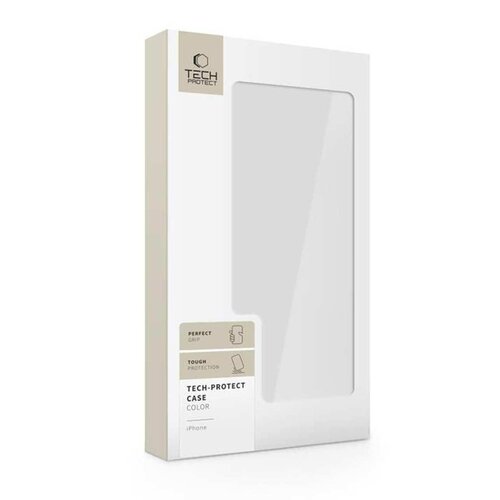 Białe opakowanie z przezroczystym okienkiem, na którym widnieje logo "TECH PROTECT" oraz napisy: "PERFECT GRIP", "TOUGH PROTECTION", "TECH-PROTECT CASE COLOR", "iPhone".