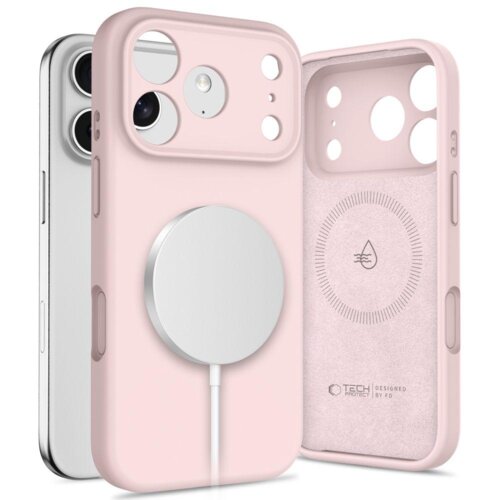 Perłowo-różowe etui TECH-PROTECT Silicone MagSafe do Apple iPhone 17 Pro Max jest pokazane z przodu i z tyłu, z widocznym okrągłym elementem MagSafe. Wnętrze etui ma nadrukowane logo "TECH-PROTECT" oraz napis "DESIGNED BY FD".