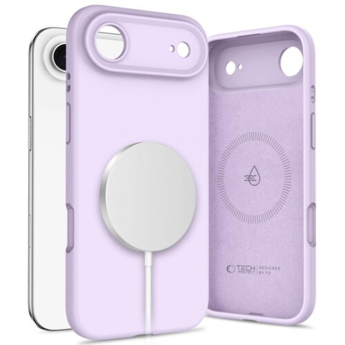 Jasnofioletowe etui TECH-PROTECT Silicone MagSafe do Apple iPhone 17 Air jest pokazane z przodu i z tyłu, z widocznym okrągłym miejscem na MagSafe oraz wewnętrznym wzorem z ikoną kropli wody. Na wewnętrznej stronie etui znajduje się napis "TECH PROTECT | DESIGNED BY PD".