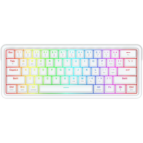 Biała klawiatura mechaniczna z podświetleniem RGB, posiadająca 61 klawiszy, w tym klawisze funkcyjne oznaczone na czerwono, takie jak "Esc", "Tab", "CapsLk", "Shift", "Ctrl", "Win", "Alt", "Fn". Klawisze numeryczne mają dodatkowe oznaczenia dla funkcji Bl
