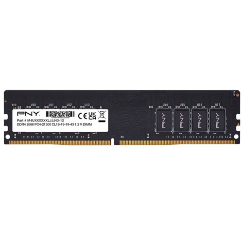 Czarny moduł pamięci RAM z widocznym białym oznaczeniem zawierającym tekst: "Part # M4UXXXXXXXXLJJJ43-12 DDR4 2666 PC4-21300 CL19-19-19-43 1.2V DIMM" oraz logo "PNY". Na module znajdują się również cztery układy scalone z logo "PNY".