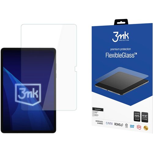 Na zdjęciu widoczny jest tablet z nałożonym szkłem ochronnym oraz opakowanie produktu "3mk FlexibleGlass" z napisem "premium protection FlexibleGlass™". Na opakowaniu znajdują się również logotypy certyfikatów i technologii, takie jak "PZH", "ROHS", oraz 