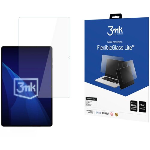 Na zdjęciu widoczny jest tablet z nałożonym szkłem ochronnym oraz opakowanie produktu "3mk Protection basic protection FlexibleGlass Lite™". Opakowanie zawiera grafikę przedstawiającą urządzenia elektroniczne oraz napisy informujące o technologii "FIT-IN™