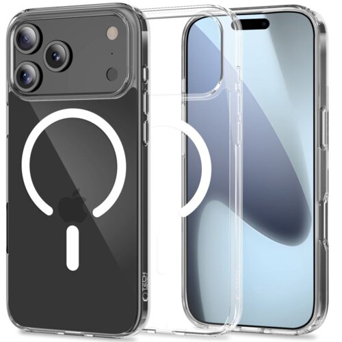 Przezroczyste etui na telefon z widocznym okrągłym wzorem MagSafe i trzema otworami na aparaty. Na etui znajduje się napis "TECH-PROTECT".
