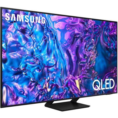 Telewizor z cienką ramką wyświetla abstrakcyjny, kolorowy wzór w odcieniach niebieskiego i fioletowego. Na ekranie widoczne są napisy "SAMSUNG" i "QLED".