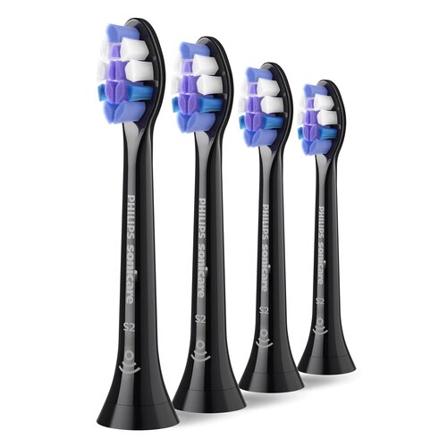 Cztery czarne końcówki szczoteczki do zębów z kolorowymi, bardzo miękkimi włóknami, ustawione w rzędzie. Na każdej z nich widnieje napis "PHILIPS Sonicare S2".