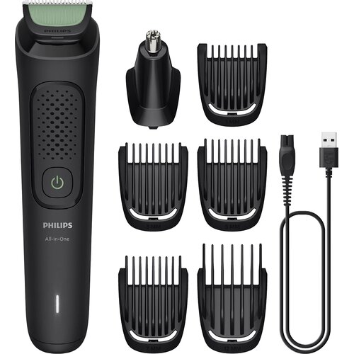 Na zdjęciu znajduje się trymer z serii Philips Multigroom 3000, model MG3920/15, wraz z różnymi nasadkami o długościach 1 mm, 3 mm, 5 mm, 7 mm i 12 mm, a także z kablem USB do ładowania. Na trymerze widoczne są napisy: "PHILIPS" oraz "All-in-One".