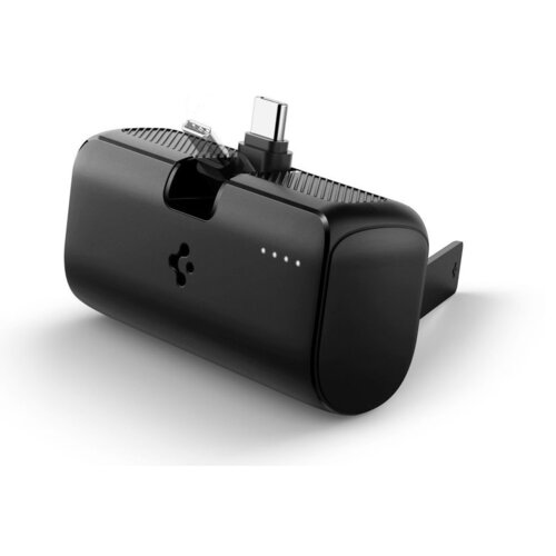 Czarny powerbank z widocznym złączem USB-C oraz czterema diodami LED wskazującymi poziom naładowania. Na powierzchni znajduje się logo producenta.