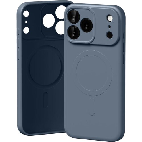 Granatowe etui na telefon z trzema otworami na aparaty i okrągłym wzorem na środku, widoczne z przodu i z tyłu. Etui ma gładką powierzchnię i wycięcia na przyciski oraz porty.