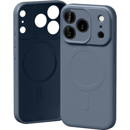 Na zdjęciu widoczne są dwa granatowe etui na telefon z trzema dużymi otworami na aparaty oraz mniejszymi na inne elementy. Etui mają okrągłe wycięcia na środku, sugerujące kompatybilność z MagSafe.