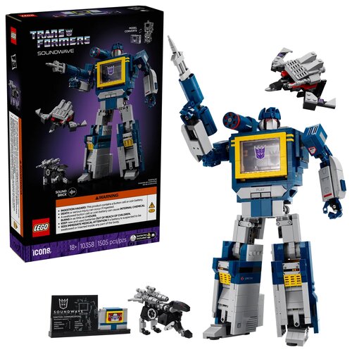 Pudełko i zbudowany model LEGO przedstawiają postać Soundwave z serii Transformers, z widocznym logo Decepticon na klatce piersiowej. Na pudełku znajduje się napis "TRANSFORMERS SOUNDWAVE", a poniżej ostrzeżenie o zagrożeniu połknięciem baterii, z logo LE