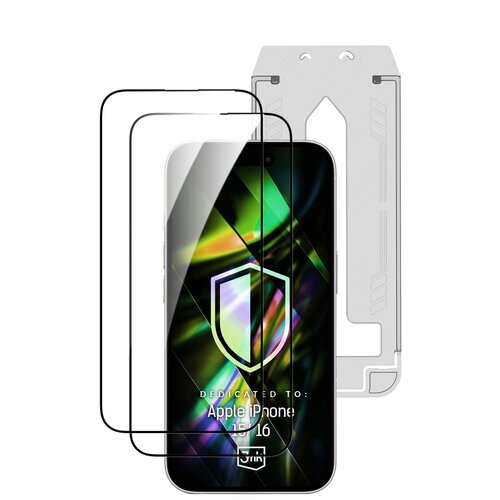 Na zdjęciu widoczne jest szkło hartowane 3MK Hardy Hardura 9H przeznaczone do Apple iPhone 15/16, z grafiką przedstawiającą kolorowe, abstrakcyjne wzory oraz biały symbol tarczy. Na ekranie telefonu znajduje się napis: "DEDICATED TO: Apple iPhone 15/16" o