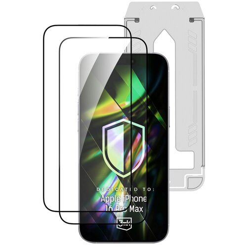 Na zdjęciu widoczne jest szkło hartowane z napisem "DEDICATED TO: Apple iPhone 16 Pro Max" oraz logo 3MK. Szkło jest przezroczyste, a w tle widać kolorowy, abstrakcyjny wzór.