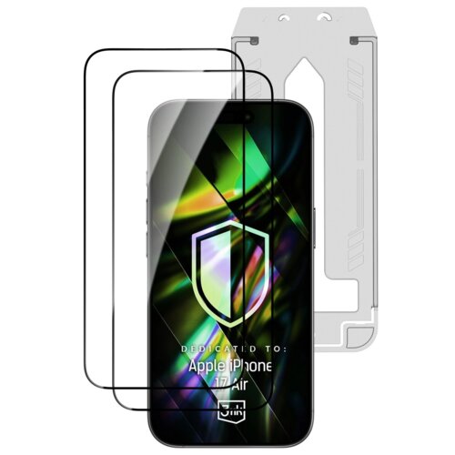 Na zdjęciu widoczne są dwa przezroczyste szkła hartowane oraz telefon z kolorowym tłem i białą grafiką tarczy. Na ekranie telefonu znajduje się tekst: "DEDICATED TO: Apple iPhone 17 Air" oraz logo "3MK".