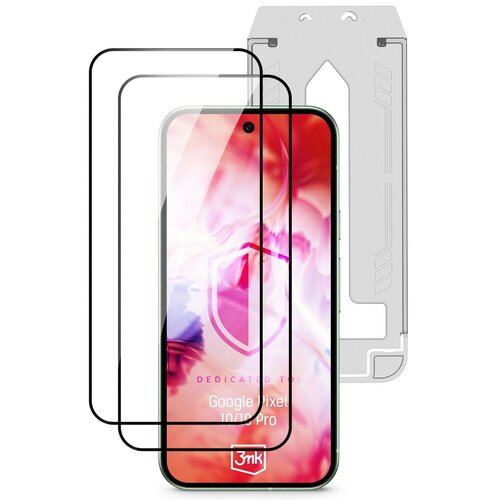 Na zdjęciu widoczne jest szkło hartowane 3MK Hardy Hardura 9H przeznaczone do Google Pixel 10/Pixel 10 Pro, z przezroczystą osłoną i opakowaniem w tle. Na ekranie telefonu widnieje napis: "DEDICATED TO: Google Pixel 10/10 Pro" oraz logo "3mk".