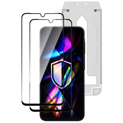 Na zdjęciu widoczne jest szkło hartowane 3MK Hardy Hardura 9H przeznaczone do telefonu Samsung Galaxy A26 5G, z przezroczystą powierzchnią i czarną ramką. W tle znajduje się kolorowy ekran telefonu z widocznym symbolem tarczy.