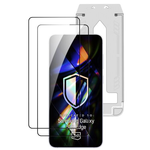 Na zdjęciu widoczne są dwa przezroczyste szkła hartowane oraz telefon z kolorowym wzorem na ekranie, na którym znajduje się biały symbol tarczy. Na ekranie telefonu widnieje tekst: "DEDICATED TO: Samsung Galaxy S25 Edge" oraz logo "3MK".