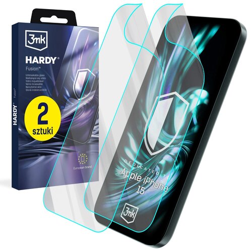 Opakowanie produktu z napisem "3mk HARDY Fusion™" oraz "2 sztuki" na żółtym tle, obok którego widoczne są dwie przezroczyste osłony na ekran telefonu z napisem "DEDICATED TO Apple iPhone 15". Na opakowaniu znajduje się również logo "European brand".
