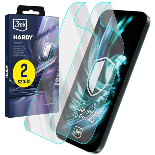Opakowanie produktu "3mk Hardy Fusion" z napisem "2 sztuki" na żółtym tle, obok którego widoczne są dwie przezroczyste osłony na ekran telefonu. Na ekranie telefonu widnieje napis "Dedicated to Apple iPhone 16 Pro Max" oraz logo "3mk".