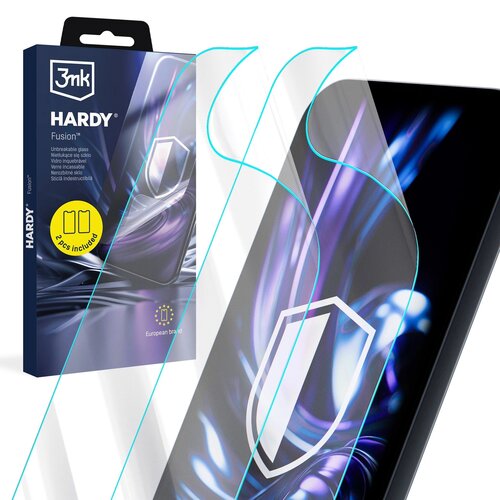 Opakowanie produktu "3MK Hardy Fusion" zawiera grafikę z efektem szkła i napisem "Unbreakable glass" oraz "2 pcs included". Obok opakowania widoczny jest telefon z nałożonym szkłem ochronnym, na którym znajduje się symbol tarczy.