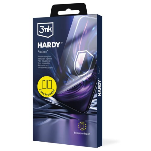 Opakowanie produktu "3MK Hardy Fusion" zawiera grafikę przedstawiającą telefon z nałożonym szkłem ochronnym oraz napisy: "Unbreakable glass", "Nietłukące się szkło", "Vetro infrangibile", "Verre incassable", "Nerozbitné sklo", "Sticlă indestructibilă". Na