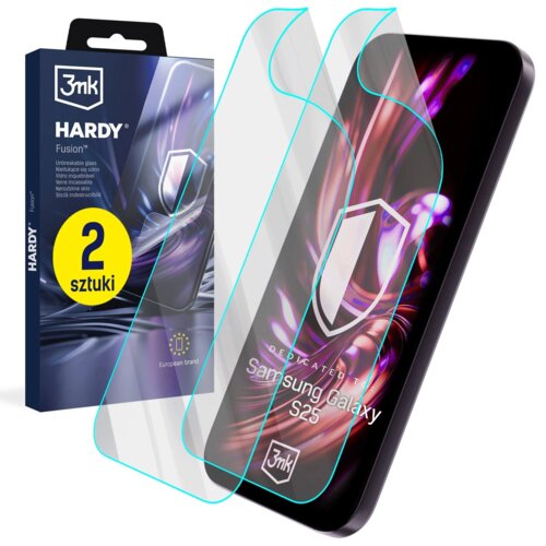 Opakowanie produktu "3mk Hardy Fusion" z napisem "2 sztuki" oraz grafiką przedstawiającą szkło ochronne na telefon. Na ekranie telefonu widoczny jest napis "Dedicated to Samsung Galaxy S25" oraz logo "3mk".