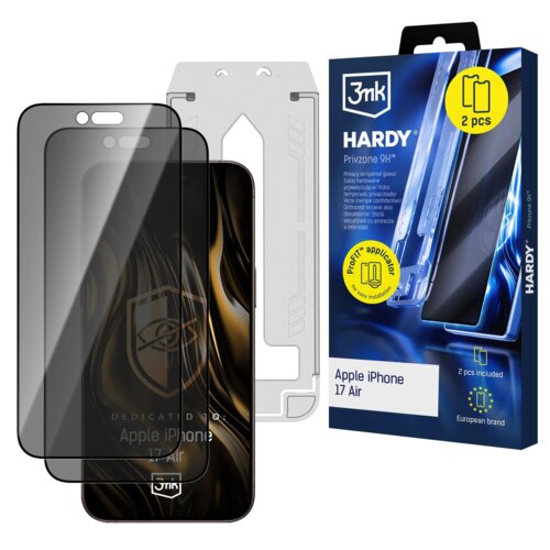 Na zdjęciu znajduje się opakowanie produktu "3MK Hardy Privzone 9H" z napisem "Apple iPhone 17 Air" oraz dwie sztuki szkła ochronnego. Opakowanie zawiera informacje o łatwej instalacji i europejskim pochodzeniu marki.