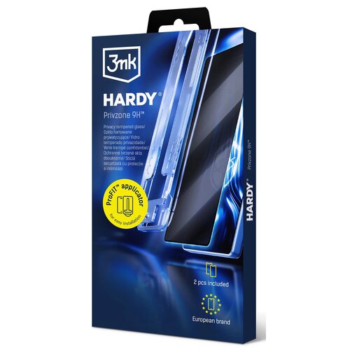 Opakowanie produktu "3mk Hardy Privzone 9H" przedstawia szkło hartowane prywatyzujące do Apple iPhone 17 Pro Max, z widocznym logo 3mk oraz napisami w kilku językach. Na opakowaniu znajduje się żółta naklejka z napisem "ProFIT™ applicator for easy install