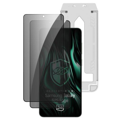 Na zdjęciu widoczne są dwa arkusze szkła prywatyzującego oraz szablon montażowy, przeznaczone do telefonu Samsung Galaxy S25 Edge. Na ekranie telefonu znajduje się napis: "DEDICATED TO: Samsung Galaxy S25 Edge" oraz logo 3MK.