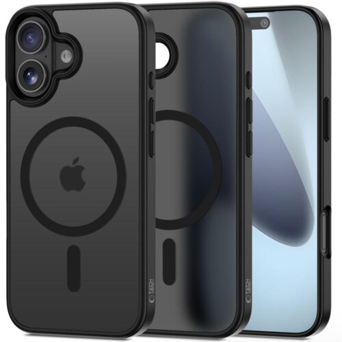 Czarne, matowe etui TECH-PROTECT Magmat MagSafe do Apple iPhone 17, z widocznym logo producenta i okrągłym wzorem na tylnej części. Etui posiada wycięcia na aparat i przyciski boczne.