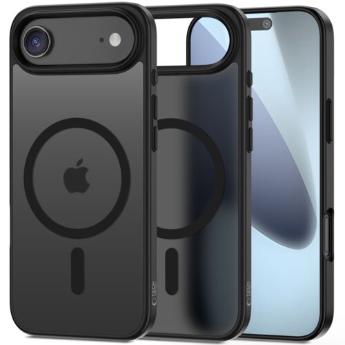Czarne, matowe etui TECH-PROTECT Magmat MagSafe do Apple iPhone 17, z widocznym okrągłym wzorem na tylnej części oraz wycięciami na aparat i przyciski. Na etui znajduje się napis "TECH-PROTECT".