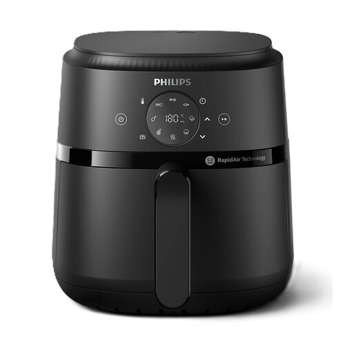 Czarna frytkownica beztłuszczowa z wyświetlaczem cyfrowym, na którym widoczne są ikony i temperatura 180°C. Na urządzeniu znajduje się logo "PHILIPS" oraz napis "RapidAir Technology".