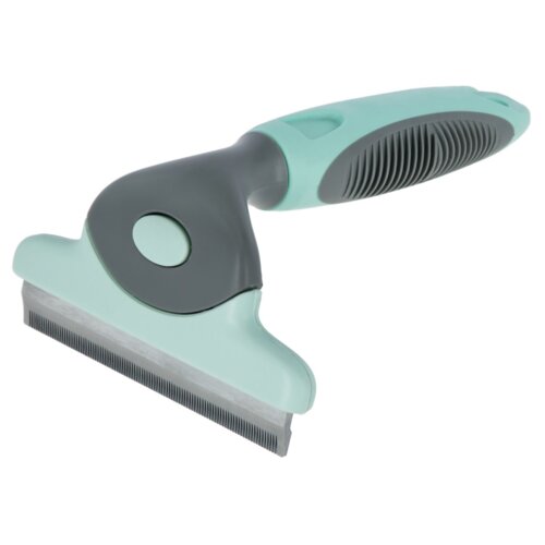 Szczotka z szaro-miętowym uchwytem i metalowym grzebieniem, posiada ergonomiczny kształt z gumowymi wstawkami na rączce. Produkt nie zawiera widocznych napisów ani logo.