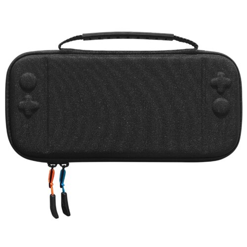Czarne etui z teksturowaną powierzchnią, przeznaczone do konsoli Nintendo Switch, posiada dwa zamki błyskawiczne z uchwytami w kolorach pomarańczowym i niebieskim. Na powierzchni etui widoczne są wypukłe kształty przypominające przyciski kontrolera.
