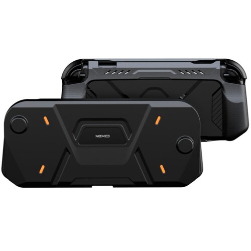 Czarne etui do Nintendo Switch z widocznymi pomarańczowymi akcentami i napisem "YAXO" na środku. Etui ma nowoczesny, geometryczny design z wyraźnymi liniami i teksturą.