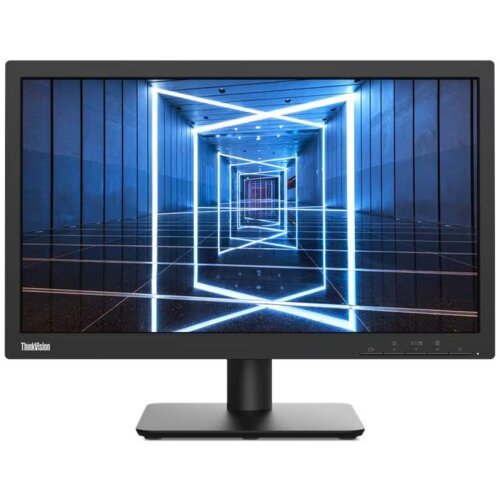 Monitor z wyświetlaczem pokazującym futurystyczny korytarz z niebieskimi, świetlnymi prostokątami. Na ramce monitora widoczny jest napis "ThinkVision".