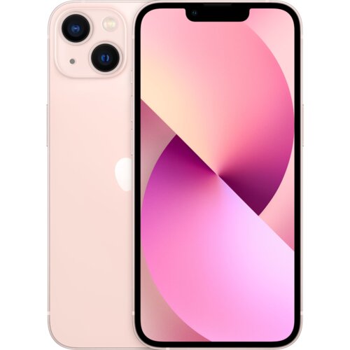 Różowy smartfon z dużym wyświetlaczem, na którym widoczna jest abstrakcyjna grafika w odcieniach różu i fioletu. Na obudowie z tyłu znajduje się logo w kształcie nadgryzionego jabłka oraz dwa aparaty fotograficzne.