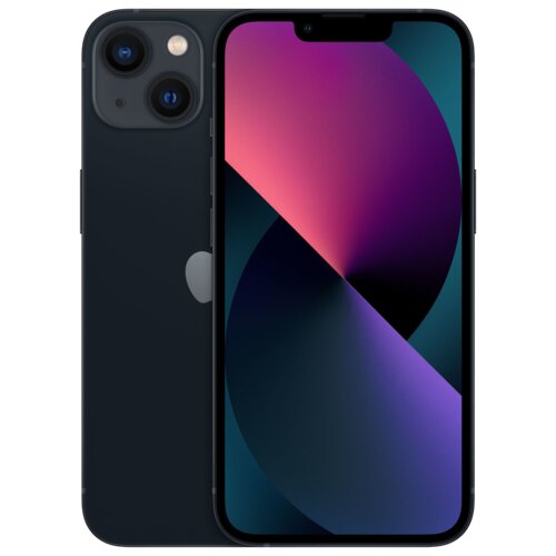 Na zdjęciu widoczny jest smartfon z ciemnym wykończeniem, z wyświetlaczem prezentującym kolorową grafikę w odcieniach fioletu i różu. Na tylnej obudowie znajduje się logo w kształcie nadgryzionego jabłka oraz dwa aparaty fotograficzne z lampą błyskową.