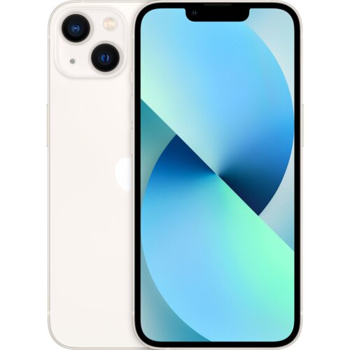 Biały smartfon z dużym ekranem, na którym widoczna jest abstrakcyjna grafika w odcieniach niebieskiego i zielonego. W górnej części ekranu znajduje się niewielkie wcięcie na kamerę, a z tyłu urządzenia widoczne są dwa obiektywy aparatu oraz logo producent