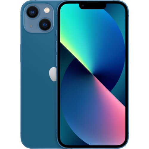 Niebieski smartfon z dużym wyświetlaczem, na którym widoczna jest kolorowa grafika. Z tyłu urządzenia znajdują się dwa aparaty oraz logo w kształcie nadgryzionego jabłka.