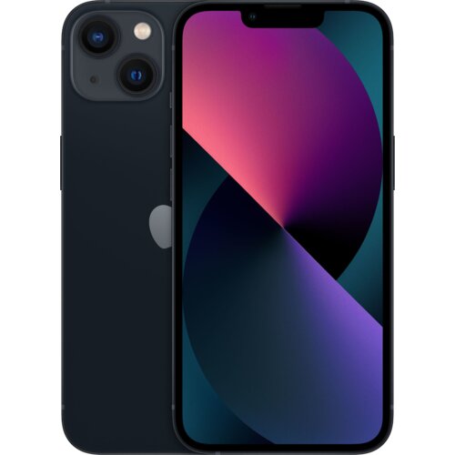 Smartfon z ciemnym wyświetlaczem, na którym widoczna jest abstrakcyjna grafika w odcieniach różu i fioletu, z tyłu obudowy znajduje się logo w kształcie nadgryzionego jabłka. Urządzenie ma dwa aparaty fotograficzne umieszczone w lewym górnym rogu.