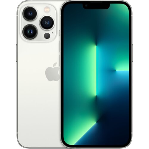 Srebrny smartfon z trzema aparatami z tyłu i wyświetlaczem pokazującym abstrakcyjny wzór w odcieniach zieleni i niebieskiego. Na obudowie widoczne jest logo w kształcie nadgryzionego jabłka.