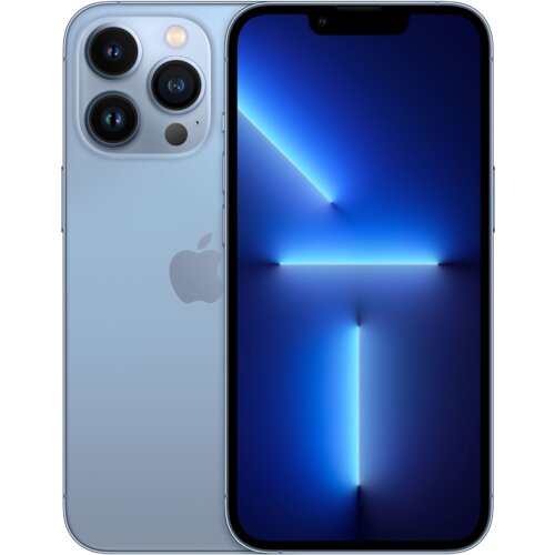 Na zdjęciu widoczny jest błękitny smartfon z trzema obiektywami aparatu i logo w kształcie nadgryzionego jabłka. Ekran urządzenia wyświetla abstrakcyjny wzór z niebieskimi liniami na ciemnym tle.