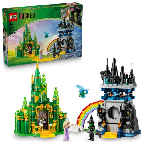 Zestaw LEGO przedstawia dwa budynki: zielony zamek z żółtymi i złotymi elementami oraz szary zamek z czarnymi wieżami, połączone tęczą. Na opakowaniu widnieje napis "LEGO WICKED", numer zestawu "75689", wiek "9+" oraz liczba elementów "860 pcs".