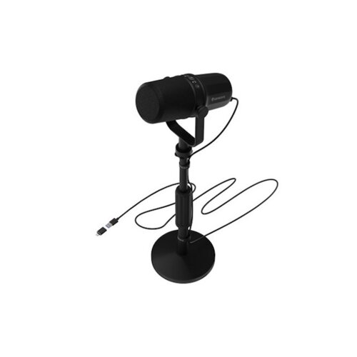 Czarny mikrofon na statywie z długim kablem USB, z widocznym logo "Genesis" na obudowie. Mikrofon ma cylindryczny kształt i znajduje się na okrągłej podstawie.