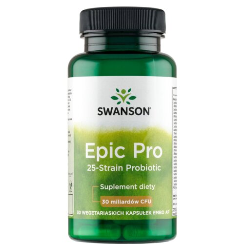 Zielona butelka z czarną zakrętką, na której etykiecie widnieje logo "SWANSON" oraz napisy: "Epic Pro 25-Strain Probiotic", "Suplement diety", "30 miliardów CFU", "30 WEGETARIAŃSKICH KAPSUŁEK EMBO AP".