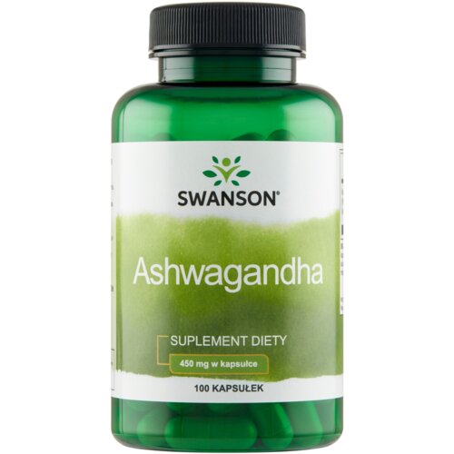 Zielona butelka z czarną nakrętką zawiera suplement diety SWANSON Ashwagandha, 450 mg w kapsułce, 100 kapsułek. Na etykiecie widnieje logo SWANSON oraz napisy: "Ashwagandha", "SUPLEMENT DIETY", "450 mg w kapsułce", "100 KAPSUŁEK".