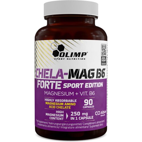 Brązowa butelka z białą etykietą zawiera napisy: "OLIMP Sport Nutrition", "CHELA-MAG B6 FORTE SPORT EDITION", "MAGNESIUM + VIT. B6", "HIGHLY ABSORBABLE MAGNESIUM AMINO ACID CHELATE", "HIGH MAGNESIUM CONTENT", "250 mg IN 1 CAPSULE", "90 CAPSULES", oraz log